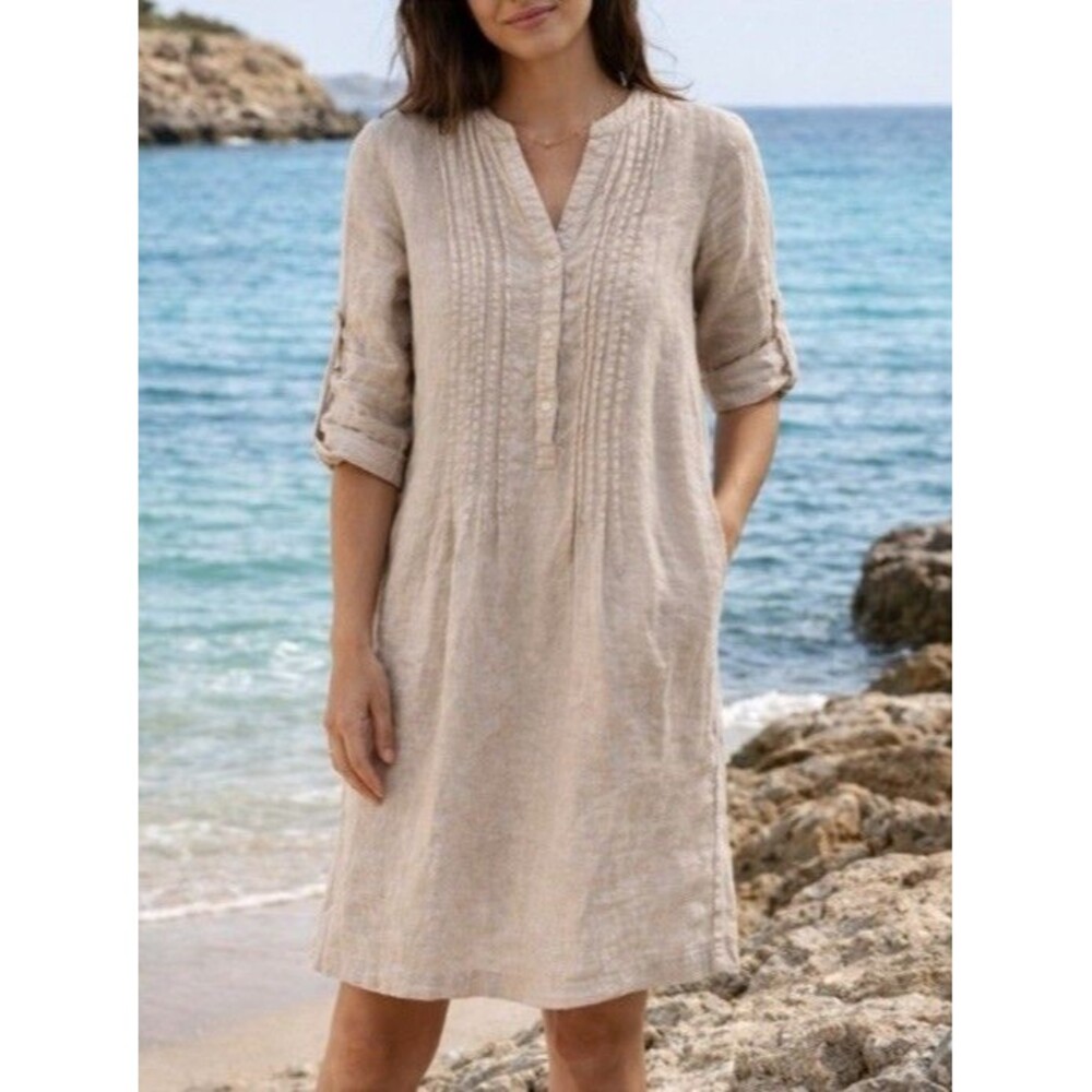 J. McLaughlin Riviera Linen Dress XL Neutral Wheat Pintuck Roll Tab Sleeves
